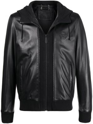 Chaqueta de cuero con capucha Philipp Plein negro