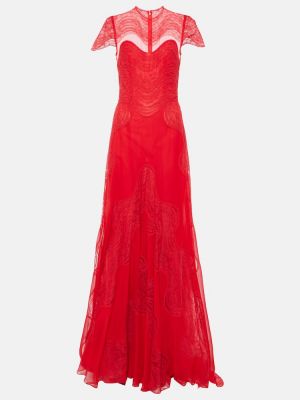 Krajkové hedvábné dlouhé šaty Costarellos červené