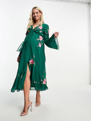 Платье миди с вышивкой на пуговицах Asos зеленый