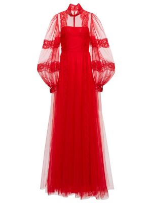 Vestido largo de tul de encaje Valentino rojo