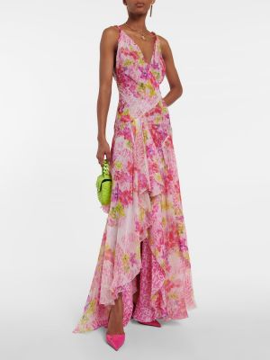 Svilena maksi haljina od šifona s cvjetnim printom Versace ružičasta
