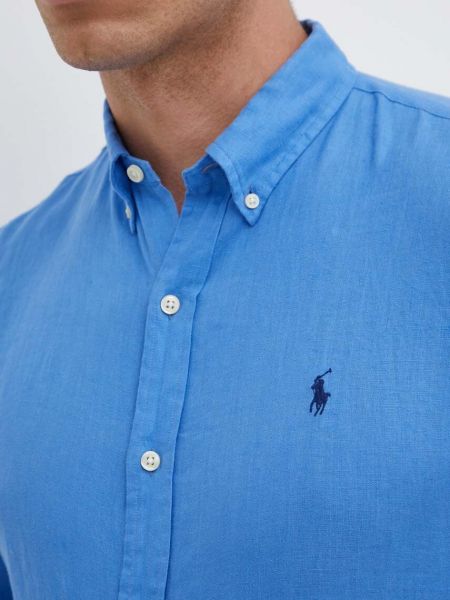 Lanena košulja s gumbima slim fit Polo Ralph Lauren plava