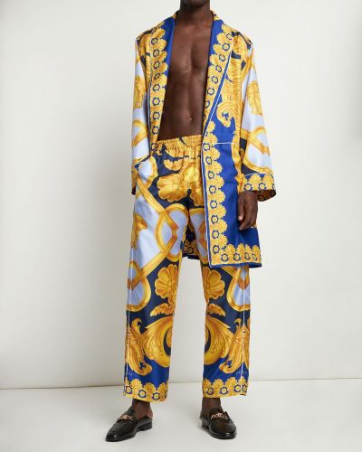 Jedwabne spodnie z nadrukiem Versace Underwear niebieskie