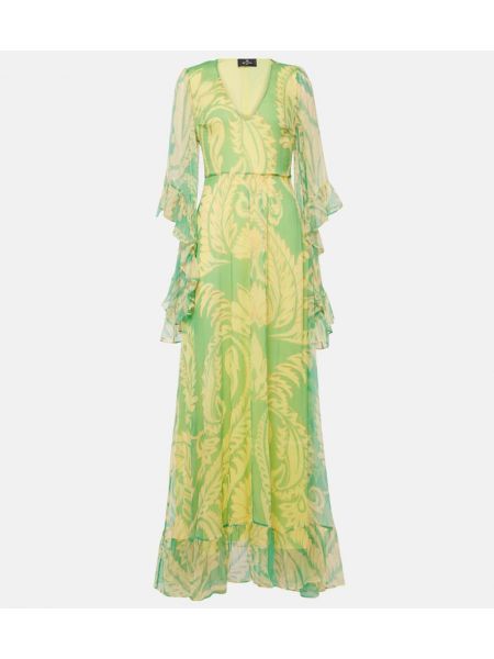 Rochie lunga de mătase cu volane Etro verde