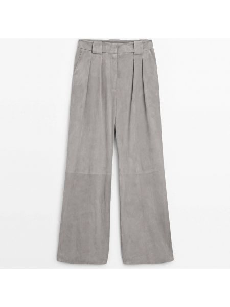Серые кожаные замшевые брюки свободного кроя Massimo Dutti