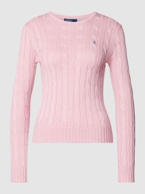 Dzianinowy sweter bawełniany z dekoltem w serek Polo Ralph Lauren różowy