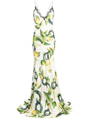 Jedwabna sukienka koktajlowa w kwiatki z nadrukiem Roberto Cavalli