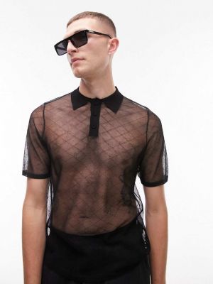 Черная вязаная прозрачная рубашка-поло с ромбами Topman