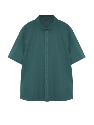 Bavlnená priliehavá košeľa s krátkymi rukávmi Trendyol zelená