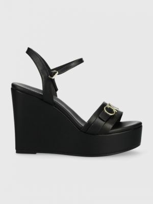 Calvin Klein sandały skórzane WEDGE 70HH W/HW damskie kolor czarny na koturnie HW0HW01485