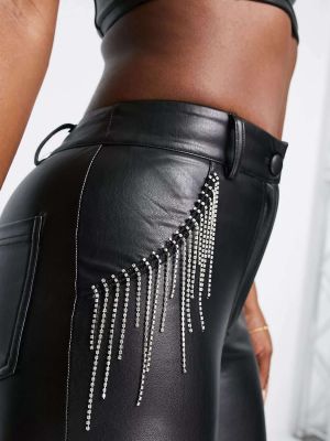 Кожаные брюки с бахромой из искусственной кожи Miss Selfridge черные