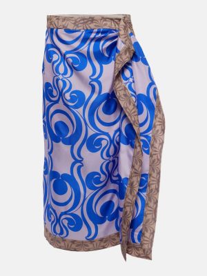 Jedwabna spódnica midi z nadrukiem Dries Van Noten niebieska