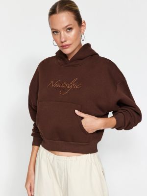 Raštuotas megztas džemperis su gobtuvu Trendyol ruda