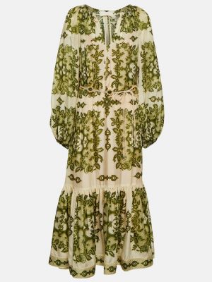 Шелковое платье миди с принтом Zimmermann зеленое