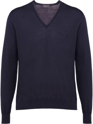 Плетен пуловер с v-образно деколте Prada синьо