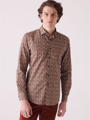 Bavlněná slim fit košile s abstraktním vzorem Avva hnědá