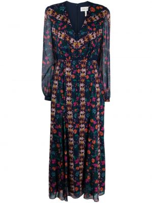 Virágos selyem hosszú ruha nyomtatás Saloni kék