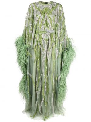 Večerní šaty s korálky z peří Dina Melwani zelené