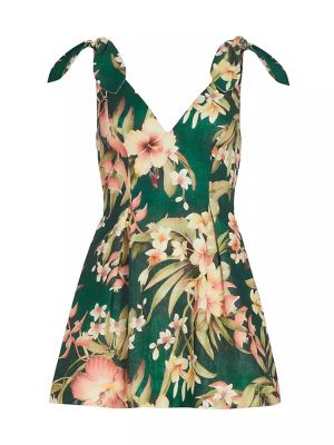 Льняное платье мини в цветочек с принтом Zimmermann зеленое