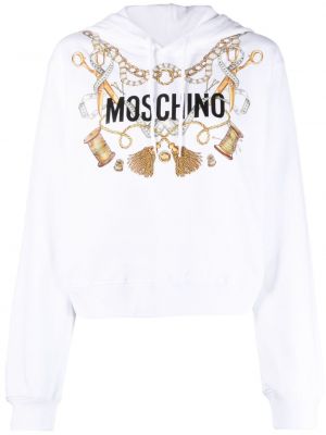 Raštuotas medvilninis džemperis su gobtuvu Moschino balta