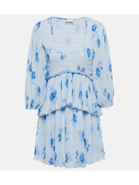 Plisirana haljina s cvjetnim printom Ganni plava