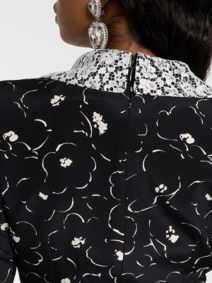 Svilena haljina s cvjetnim printom s čipkom Alessandra Rich crna