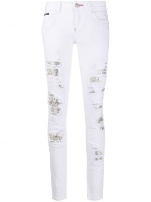 Křišťálové skinny džíny s oděrkami Philipp Plein bílé