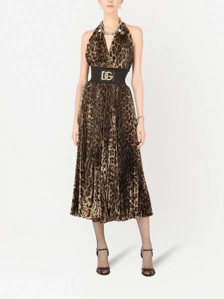 Sukienka koktajlowa z nadrukiem w panterkę plisowana Dolce And Gabbana brązowa