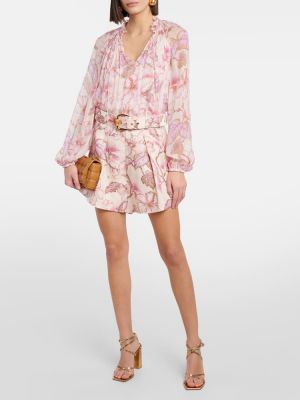 Lanene kratke hlače s cvjetnim printom Zimmermann ružičasta