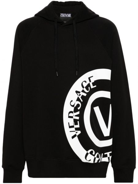 Pamučna hoodie s kapuljačom s vezom Versace Jeans Couture crna