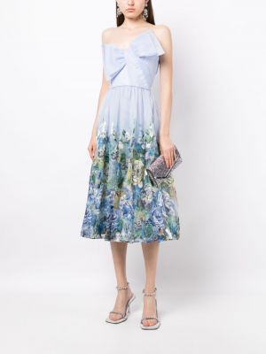 Sukienka koktajlowa z kokardką w kwiatki z nadrukiem Marchesa Notte niebieska