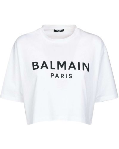Памучна тениска с принт от джърси Balmain бяло