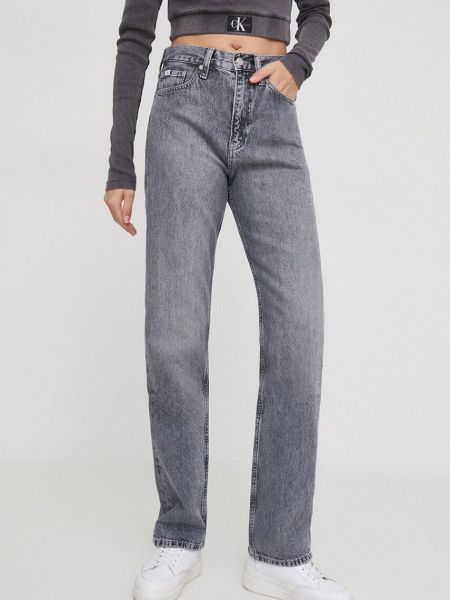 Proste jeansy z wysoką talią z kieszeniami Calvin Klein Jeans szare