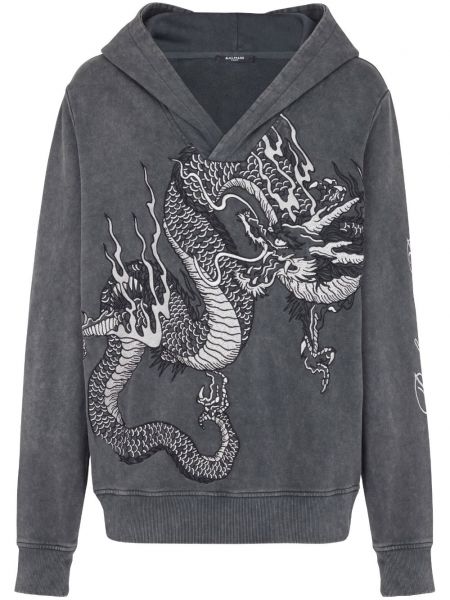 Pamučna hoodie s kapuljačom s vezom Balmain siva