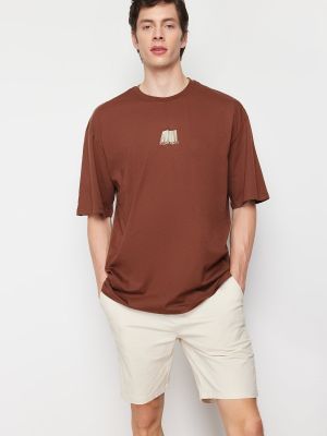 Oversize kokvilnas polo krekls ar apdruku Trendyol brūns
