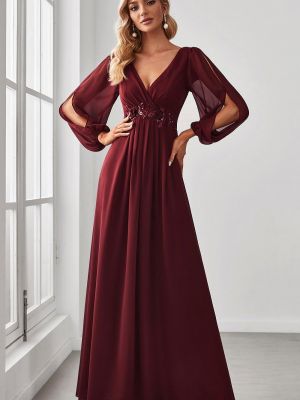 Вечернее платье с v-образным вырезом с длинным рукавом с аппликацией Ever Pretty красное