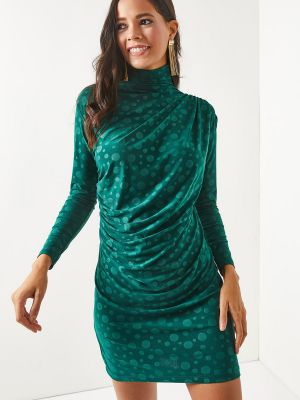 Sukienka mini w grochy ze stójką Olalook zielona