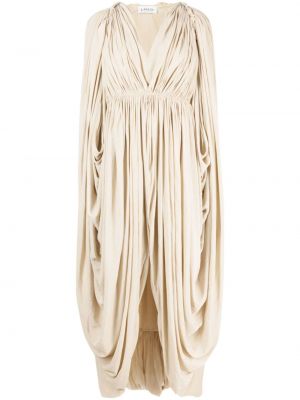 Midi šaty s výstřihem do v s dlouhými rukávy z polyesteru Lanvin - béžová