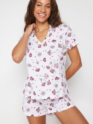Pijamale din bumbac tricotate cu imagine Trendyol alb