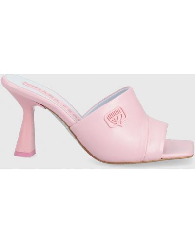 Kožené pantofle na podpatku Chiara Ferragni růžové