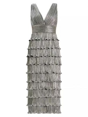 Плиссированное платье миди с рюшами Zac Posen серебряное