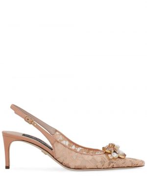 Pantofi cu toc din dantelă slingback de cristal Dolce & Gabbana roz