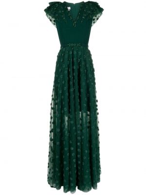Tylové puntíkaté večerní šaty s korálky Saiid Kobeisy zelené