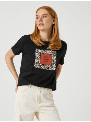 Bombažna majica s potiskom z leopardjim vzorcem Koton črna