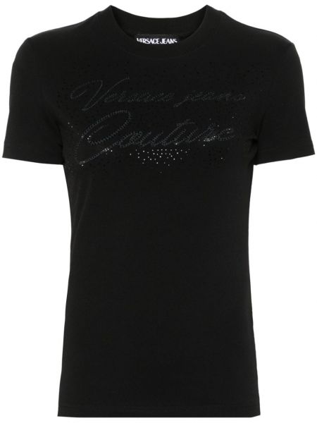 Koszulka bawełniana z kryształkami Versace Jeans Couture czarna