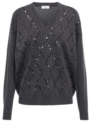Vlnený sveter s vzorom argyle Brunello Cucinelli sivá