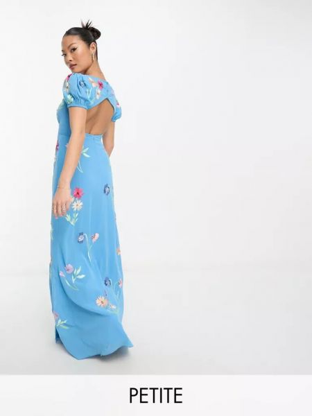 Длинное платье с вышивкой с пышными рукавами Maya синее
