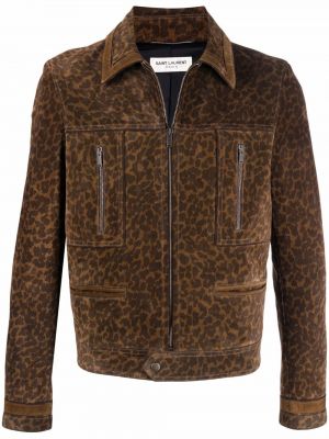 Zamšādas jaka ar apdruku ar leoparda rakstu Saint Laurent brūns