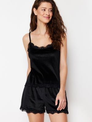 Плетена кадифена пижама с дантела Trendyol черно