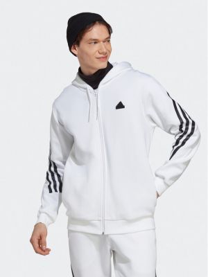 Суичър с качулка с цип на райета Adidas бяло
